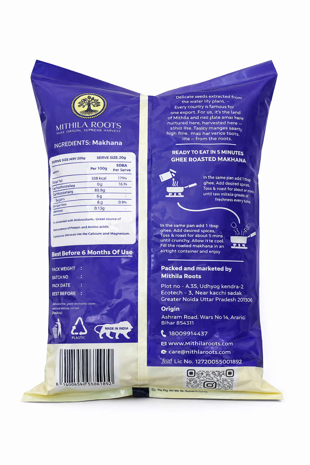 Mithila Roots Classic Premium Makhana | No Added Artificial Flavour | Healthy Snacking & Fasting | High Protein & Fiber | Rich in Calcium | Maintains Weight 250g