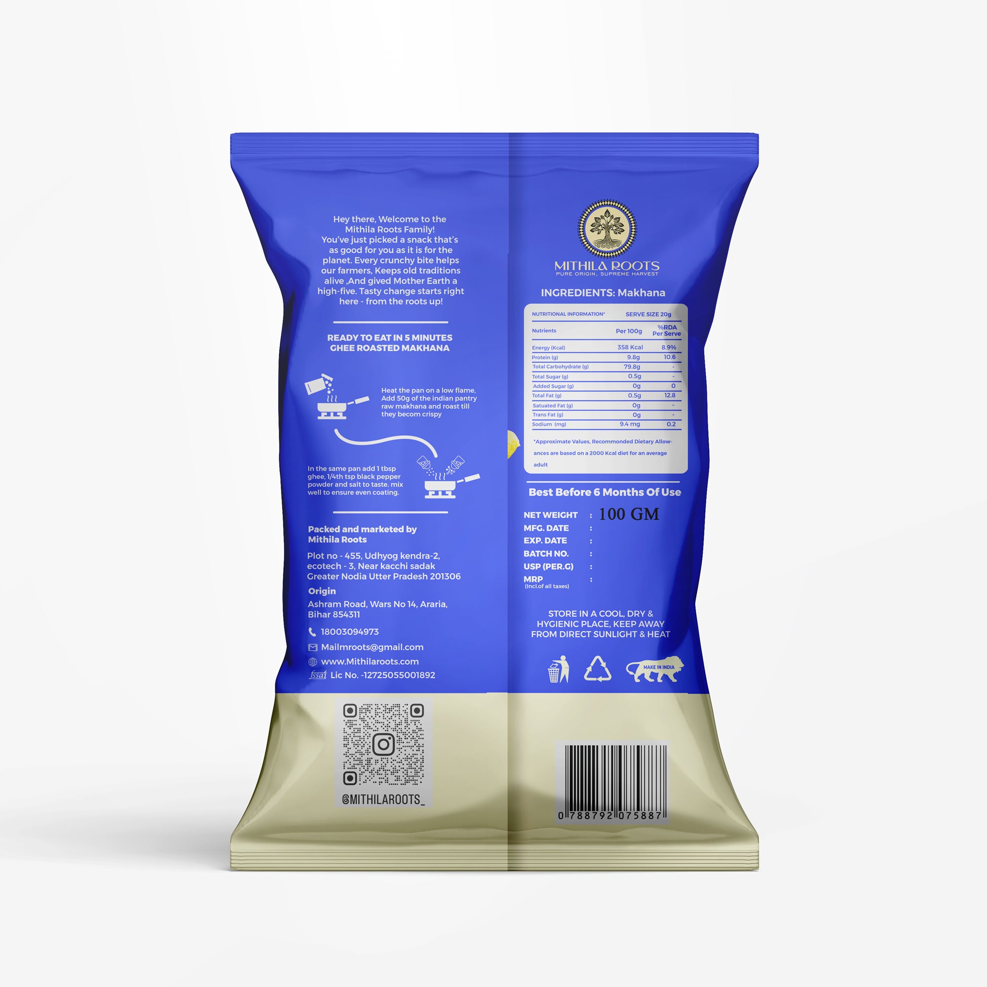 Mithila Roots Classic Premium Makhana | No Added Artificial Flavour | Healthy Snacking & Fasting | High Protein & Fiber | Rich in Calcium | Maintains Weight 100g