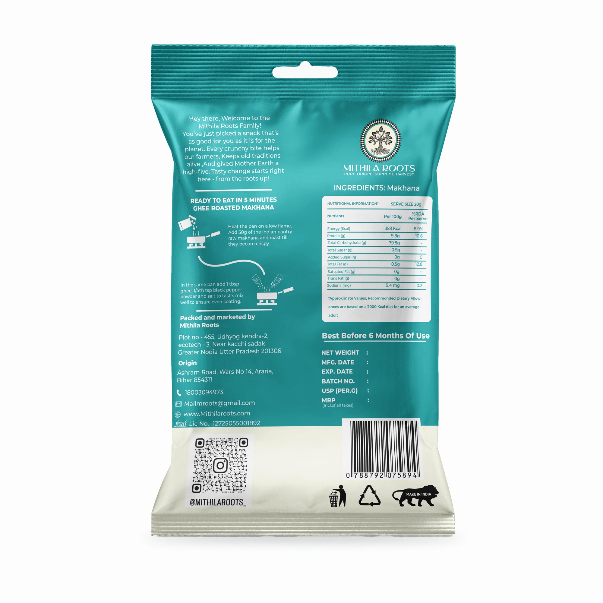 Mithila Roots Classic Premium Makhana | No Added Artificial Flavour | Healthy Snacking & Fasting | High Protein & Fiber | Rich in Calcium | Maintains Weight - 200gm