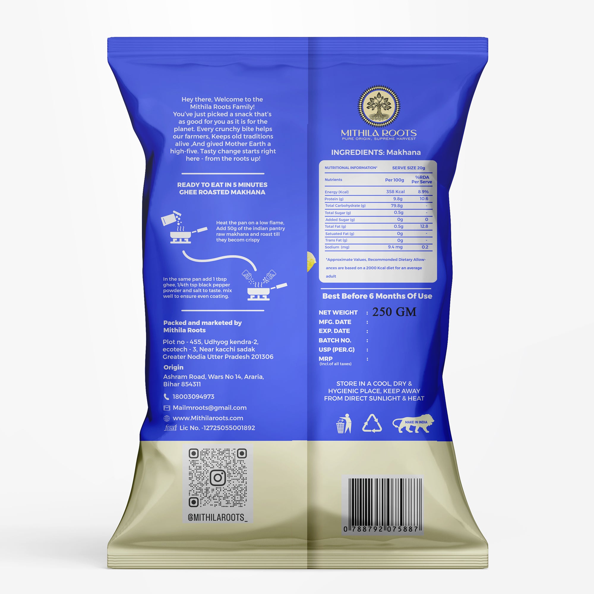 Mithila Roots Classic Premium Makhana | No Added Artificial Flavour | Healthy Snacking & Fasting | High Protein & Fiber | Rich in Calcium | Maintains Weight 250g